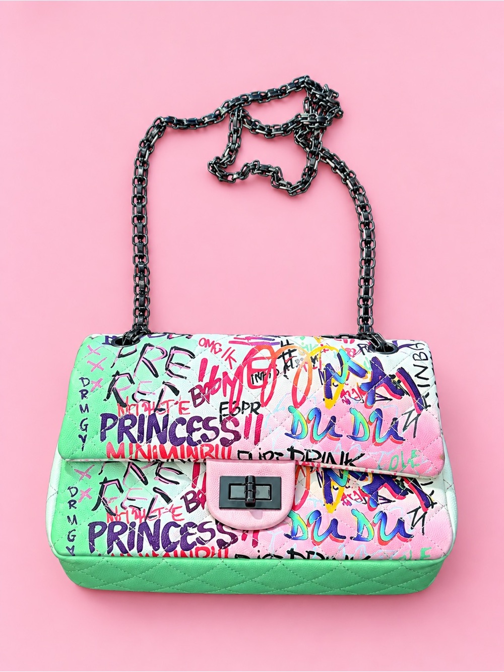 Colorful Graffiti Quilted Shoulder Bag - Pink & Green